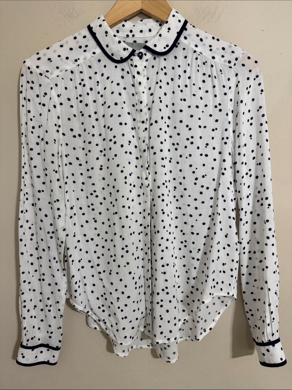 Maeve White Polka Dot Button-Up Blouse Navy Trim size 0 Twee Coquette Feminine